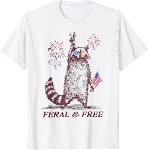 The Feral & Free Raccoon Tee is a unisex 4th of July shirt. - Feminist AF